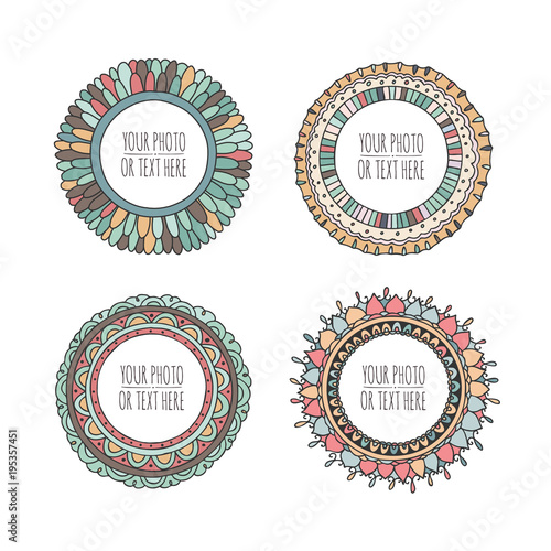 Set of round hand drawn beautiful photoframes isolated on white background. Scrapbook concept. Doodle vector illustration.