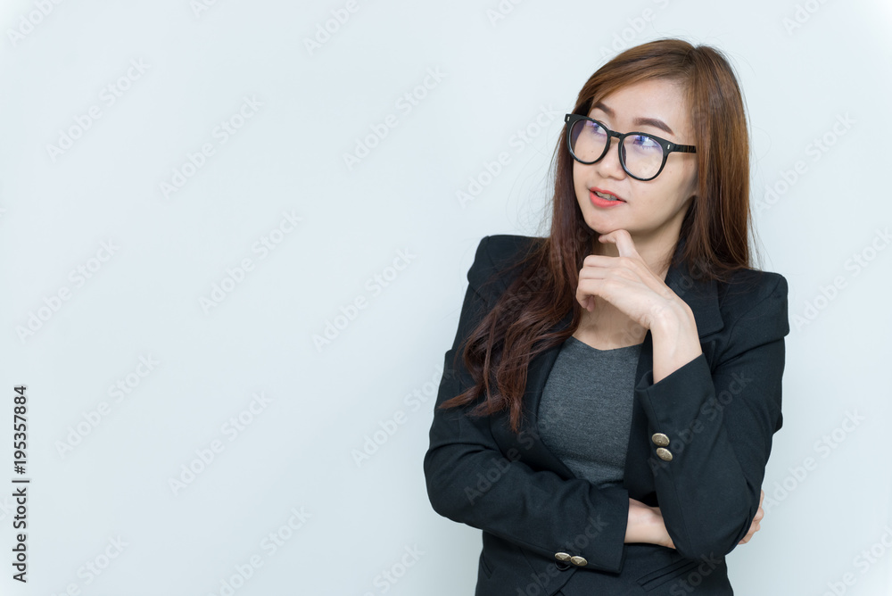 Business woman think for ideas isolate on white background,Thailand people,Secretary girl thinking concept Business woman think for ideas isolate on white background,Thailand people,Secretary girl thinking concept