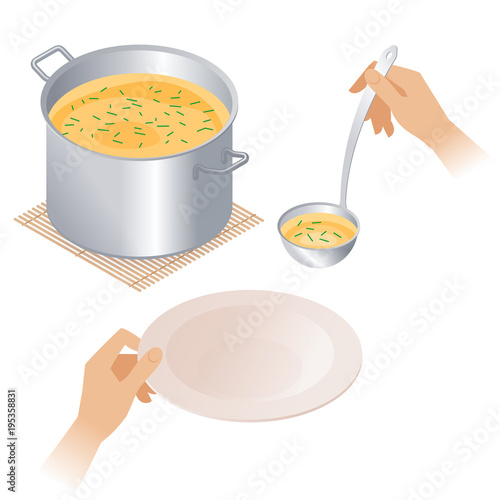 Flat isometric illustration of pot with soup and hands with empty plate and ladle. Steel pan with broth, dish and kitchen utensils isolated on white background. Cooking food, cookware vector concept.