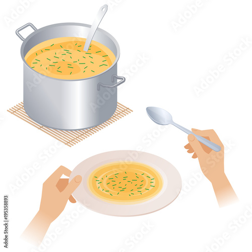Flat isometric illustration of pan with soup and hands with full plate and spoon. Steel pot with broth, dish and kitchen utensils isolated on white background. Cooking food, eating vector concept.