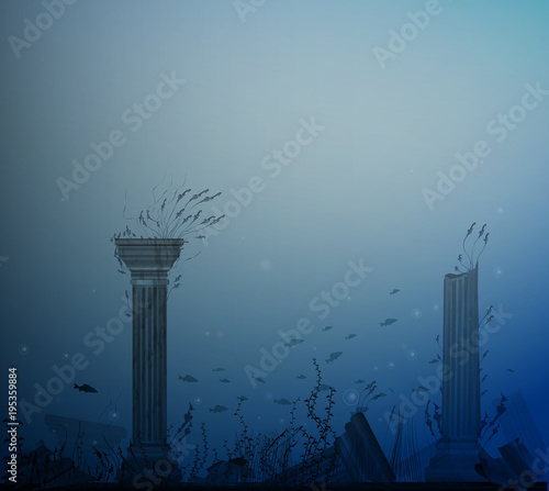 underwater landscape with ancient ruins of columns, fishes, alga and bubbles, secret of Atlantis,