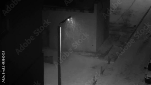 Abstraction of a lone lamppost in a residential quarter during a severe winter blizzard in black and white.