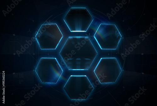 Blue buttons in hexagon format on a abstract dark background. 3d render