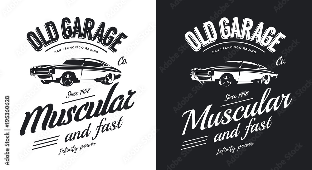 Vintage muscle car black and white isolated vector logo. Premium quality old sport vehicle logotype t-shirt emblem illustration. 