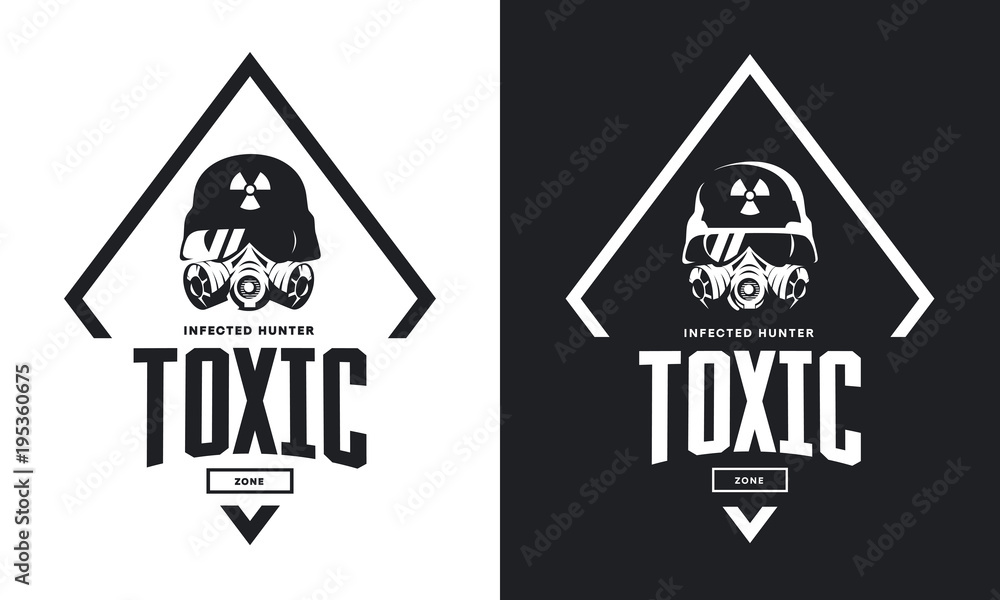 Rider in helmet and gas mask black and white isolated vector logo.
Premium quality toxic chemical zone logotype t-shirt emblem illustration. - obrazy, fototapety, plakaty 