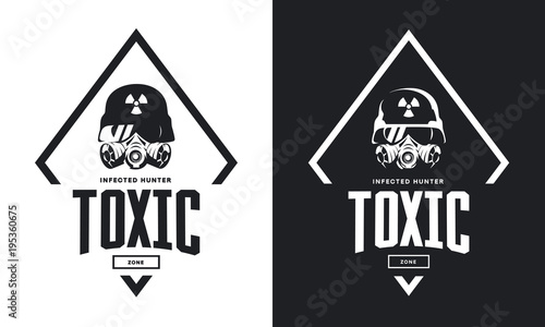 Rider in helmet and gas mask black and white isolated vector logo.
Premium quality toxic chemical zone logotype t-shirt emblem illustration. photo