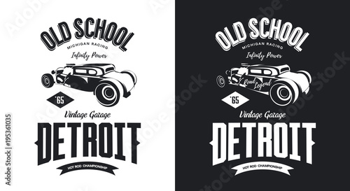 Vintage hot rod vehicle black and white isolated vector logo. 
Premium quality old sport car logotype t-shirt emblem illustration. Detroit, Michigan street wear hipster retro tee print design.