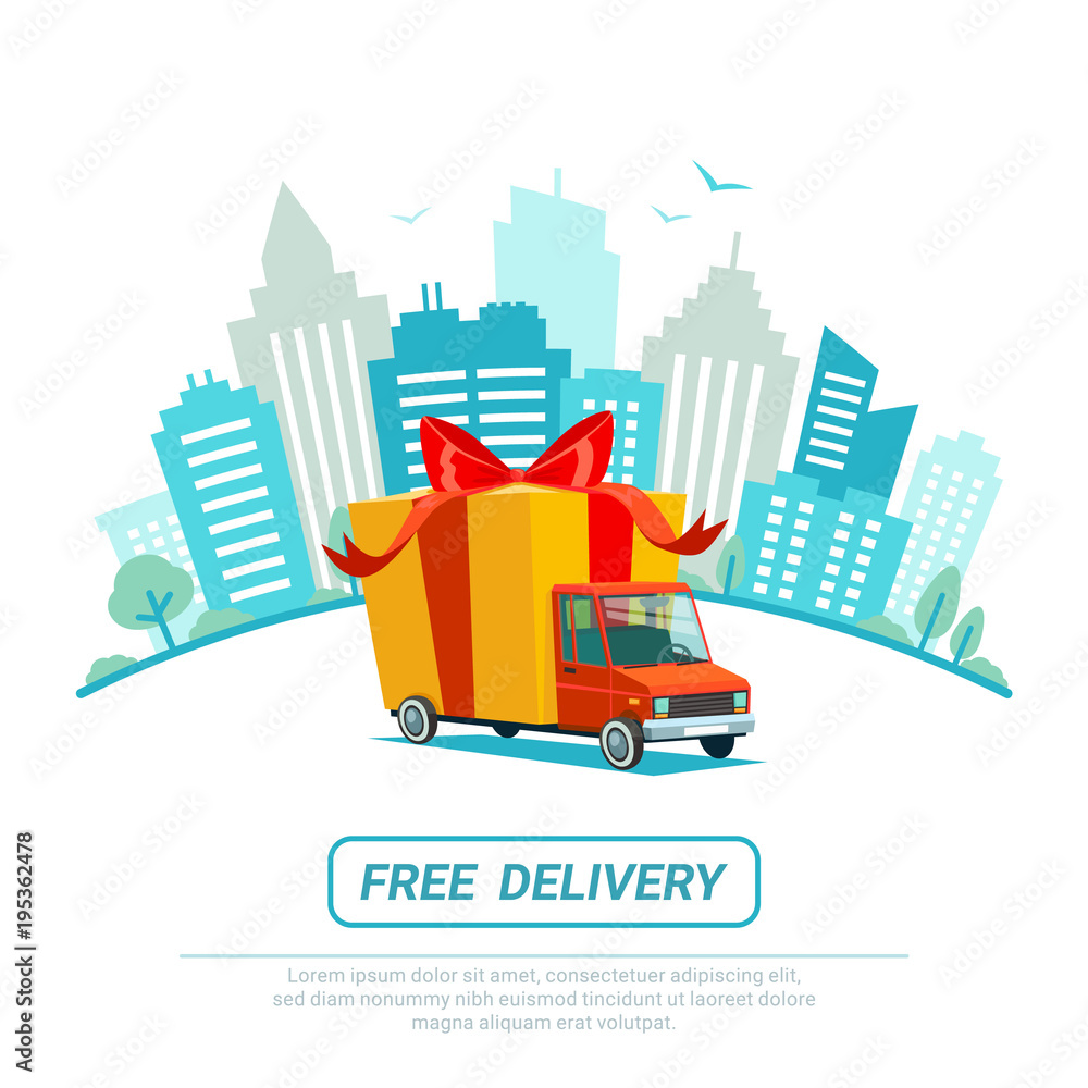 Free delivery concept. Delivery truck with gift box, parcel. Delivery service Shipping by car or truck. Flat style design truck on Urban landscape. Blue city silhouette background.