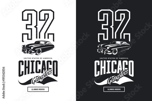 Vintage gangster vehicle black and white isolated vector logo.
Premium quality classic car logotype tee-shirt emblem illustration. Chicago, Illinois street wear hipster retro tee print design.