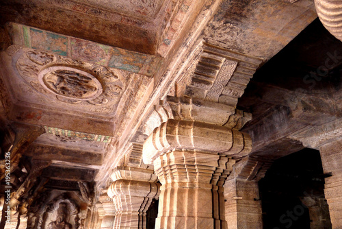 Carved ornament on columns in ancient Indian cave temples