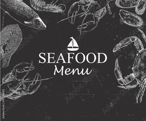 Seafood hand drawn vector illustration. Crab, lobster, shrimp, oyster,