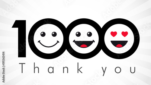Thank you 1000 followers numbers. Congratulating black and white thanks, image for net friends in 3 three colors, customers likes, % percent off discount. Round isolated emoji smiling people faces.