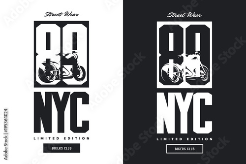 Vintage bikers club black and white isolated vector t-shirt logo.
Premium quality motorcycle logotype tee-shirt emblem illustration.