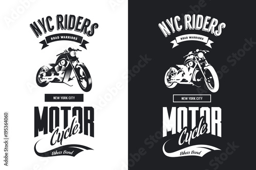 Vintage bikers club black and white isolated vector t-shirt logo.
Premium quality motorcycle logotype tee-shirt emblem illustration. 