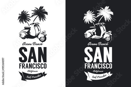 Vintage moped bikers club black and white isolated vector t-shirt logo.
Premium quality scooter logotype tee-shirt emblem illustration. 