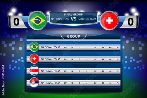 Vector Illustration Graphic of Scoreboard Broadcast and Lower Thirds Template with group table for soccer world tournament championship