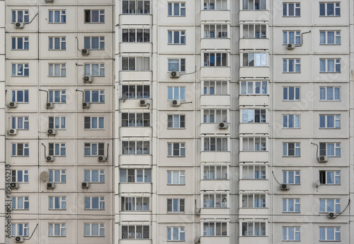 Front view of one of the serial high-rise apartment buildings in Moscow