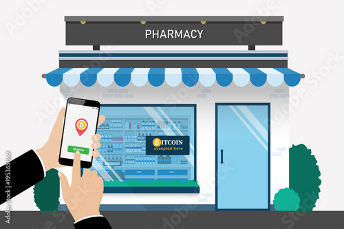 Customer searching location for bitcoin currency accepted store by smartphone, Cryptocurrency flat style vector concept