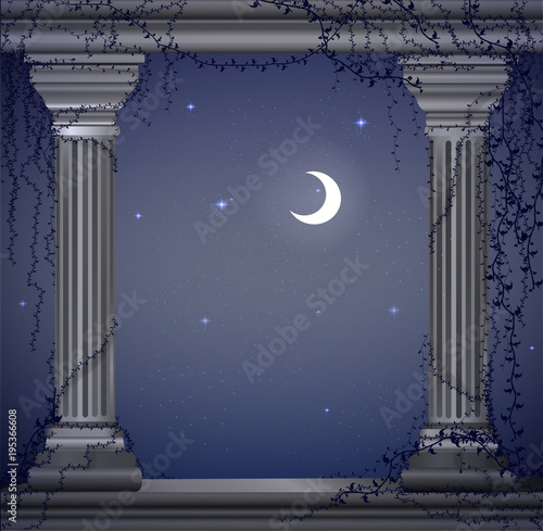 moon night and two marble columns with liana, romentic night place in the ancient garden, theater decoration,