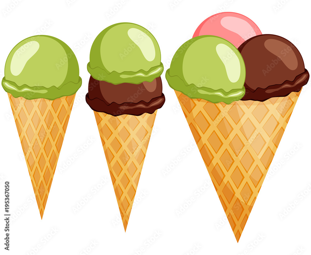 Colorful ice cream cone 1 2 3 balls set. Colorful ice cream cone 1 2 3 balls set.