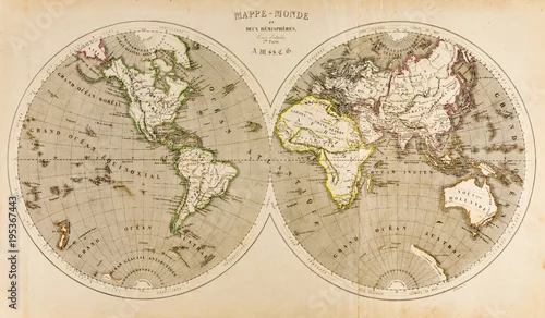 Obraz Antyczna mapa świata na dwóch półkulach, retro, XIX wiek