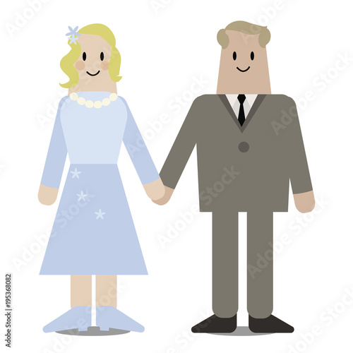 Vector newlyweds are holding their hands isolated on white background.