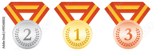 Set of three tricolor medals. Victory of spanish athletes. Vector illustration.