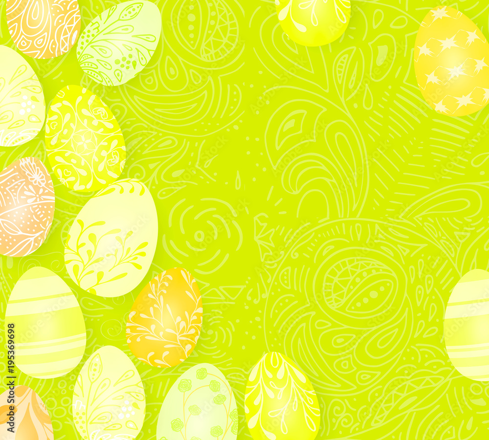 Happy Easter. Template vector card with realistic 3d render eggs, candies. Doodles hand drawn elements background. Happy Easter. Template vector card with realistic 3d render eggs, candies. Doodles hand drawn elements background.