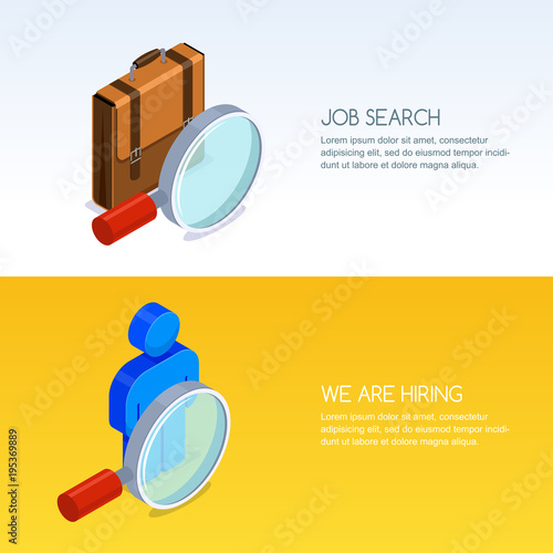 Recruitment, human resources and job seeking concept. Vector banner set with 3d isometric illustration of magnifier, briefcase and man silhouette. Business staff hiring icons.