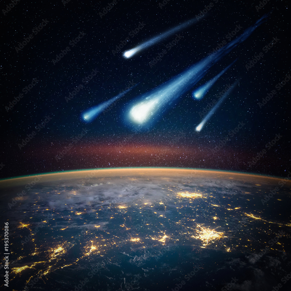 Falling meteorite, asteroid, comet on Earth. Elements of this image furnished by NASA. - obrazy, fototapety, plakaty 