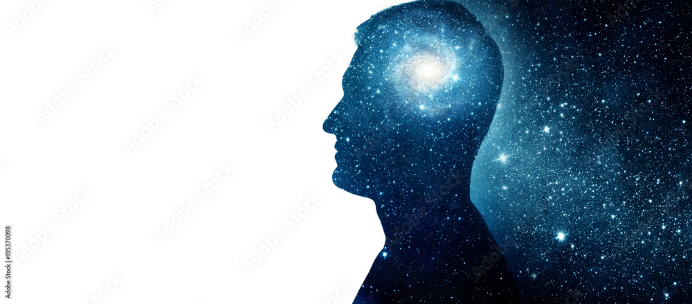 The universe within. Silhouette of a man with the space as a brain. The concept on scientific and philosophical topics. Elements of this image furnished by NASA - obrazy, fototapety, plakaty 