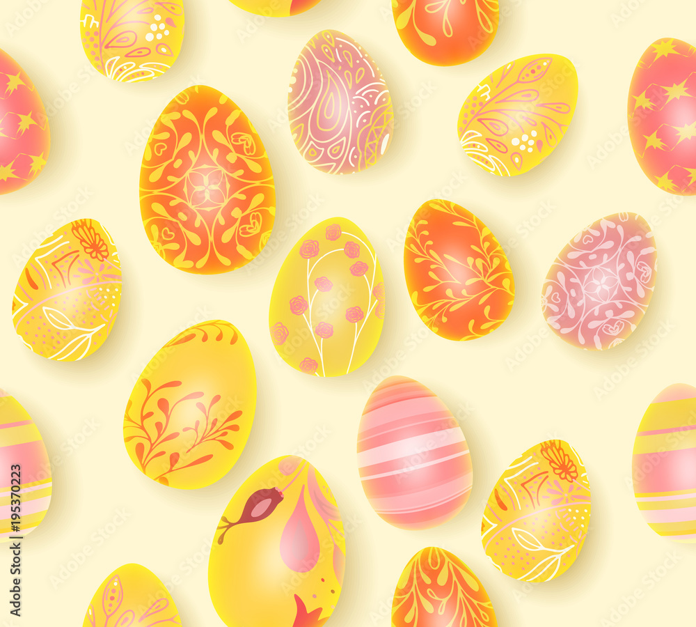 Happy Easter. Seamless Easter eggs pattern with different texture. 3d render realistic vector illustration. Spring holiday design. Happy Easter. Seamless Easter eggs pattern with different texture. 3d render realistic vector illustration. Spring holiday design.
