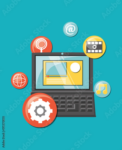 Viral content design with laptop computer and related icons around over turquoise background, colorful design. vector illustration