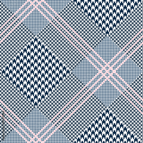 Seamless glen plaid pattern in navy blue and white with triple pink overcheck. Diagonal Prince of Wales check texture. 