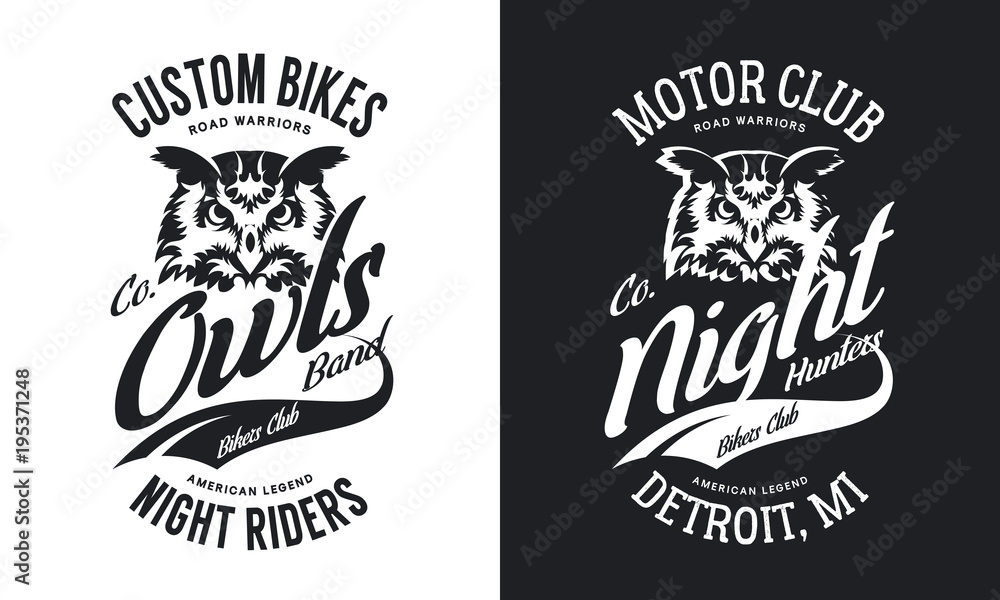 Vintage bikers club t-shirt black and white isolated vector logo.
Premium quality owl bird night hunter logotype tee-shirt emblem illustration. 
