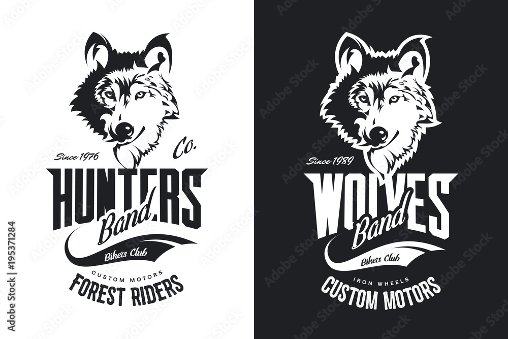 Naklejka premium Vintage Wolf Custom Motors Club koszulka czarno-białe logo wektor. Najwyższej jakości logo zespołu motocyklowego z emblematem koszulki. Dzikie zwierzę maskotka street wear retro tee print design.
