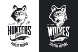 Vintage wolf custom motors club t-shirt black and white vector logo. Premium quality bikers band logotype tee-shirt emblem illustration. Wild animal mascot street wear retro tee print design.