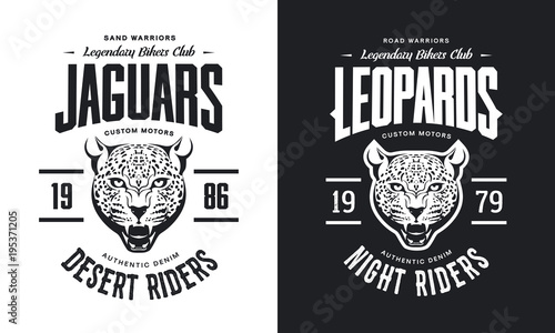 Vintage furious leopard custom motors club t-shirt black and white isolated vector logo.
Premium quality bikers band logotype tee-shirt emblem illustration. 