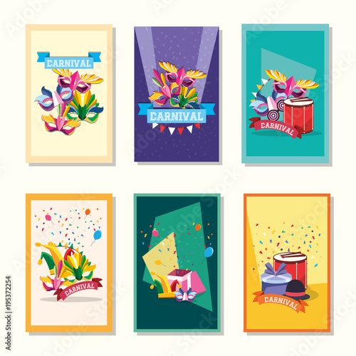 Cards of carnival concept with gift boxes and carnival masks, colorful design vector illustration