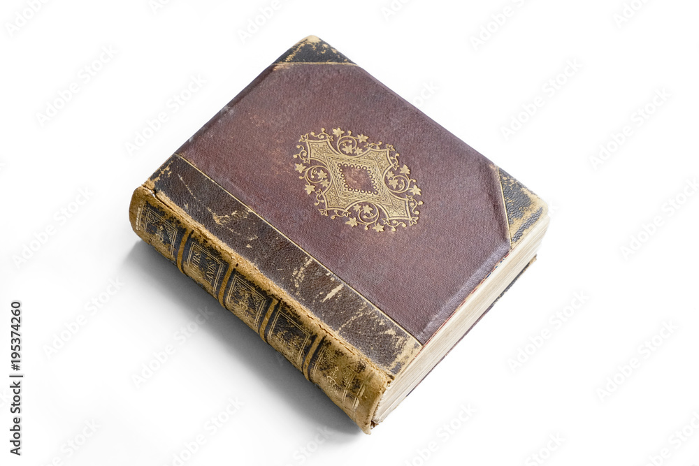 Antique book or novel with story titles on spine. Weathered leather cover of a thick vintage book. Antique book or novel with story titles on spine. Weathered leather cover of a thick vintage book.
