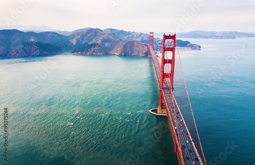 Aerial view of Golden Gate bridge at sunset