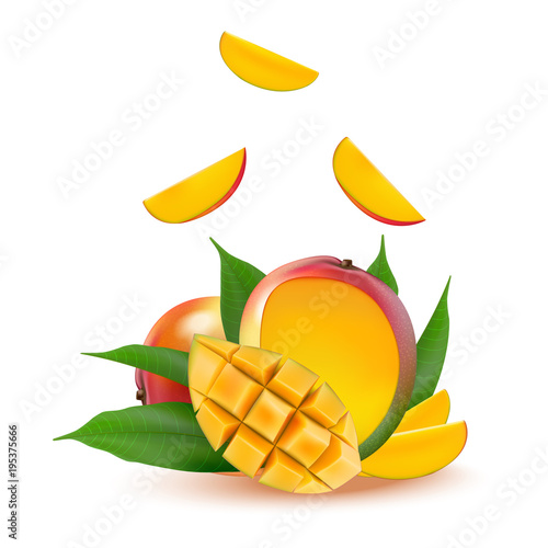 Mango fruit for fresh juice, jam, yogurt, pulp. 3d realistic yellow, red, orange ripe mango cubes and leaves isolated on white background for packaging, web design. Falling mango slice.