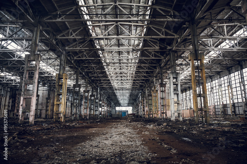 Abandoned ruined industrial factory building, ruins and demolition