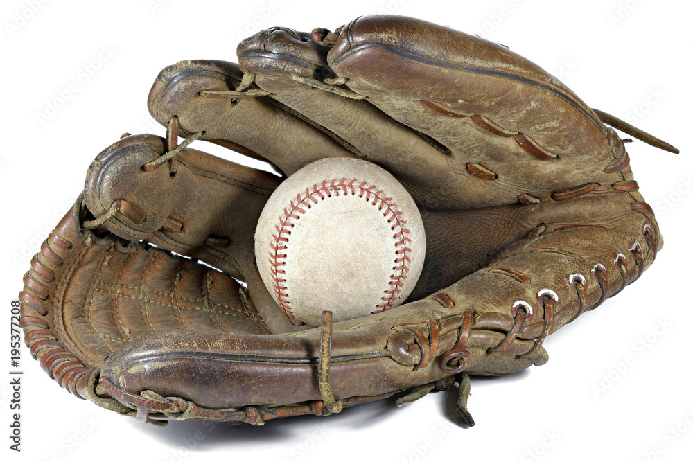 worn baseball and glove isolated on white background worn baseball and glove isolated on white background