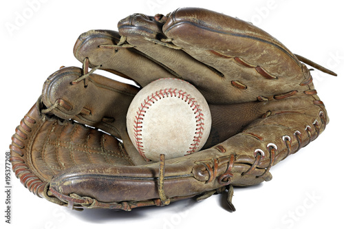 worn baseball and glove isolated on white background