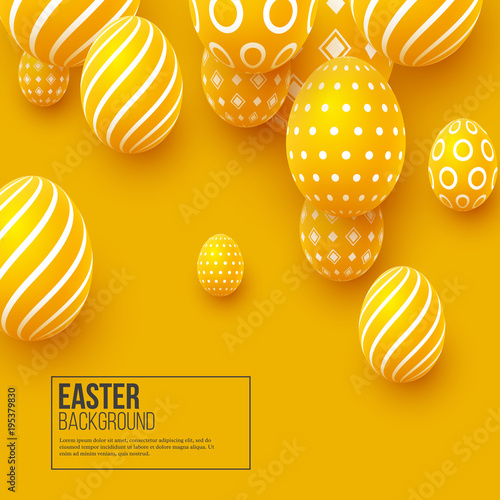 Abstract Easter yellow background. Decorative 3d eggs. Vector illustration.
