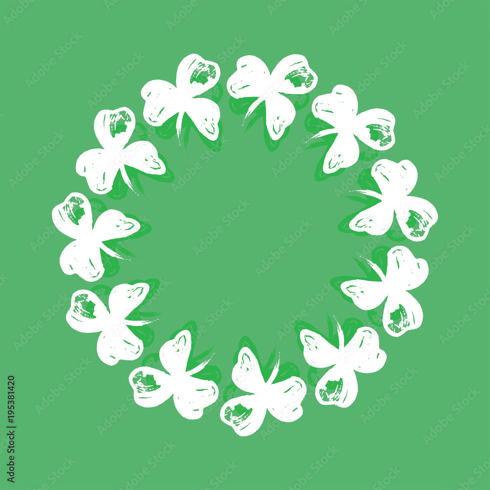 Circle wreath of Clover leaves. Symbol of Ireland and St. Patrick s Day. Green floral round frame. Hand drawn vector illustration