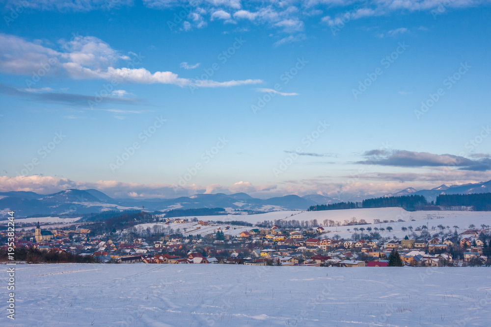 Snowy winter landscape with Rosina village near Zilina town, Slovakia, Europe.