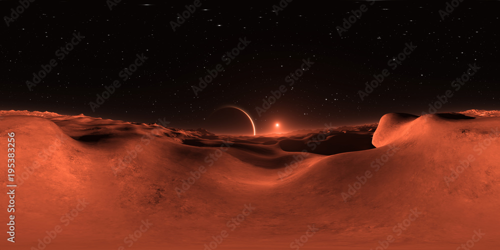 Naklejka premium 360 Panorama of Mars-like Exoplanet sunset, environment map. Equirectangular projection, spherical panorama. 3d illustration