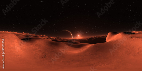 Fototapeta Naklejka Na Ścianę i Meble -  360 Panorama of Mars-like Exoplanet sunset, environment map. Equirectangular projection, spherical panorama. 3d illustration